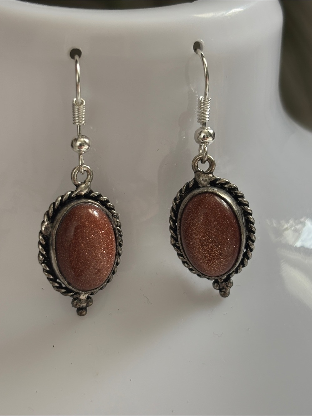Silver Goldstone Oval Drop Gemstone Earrings